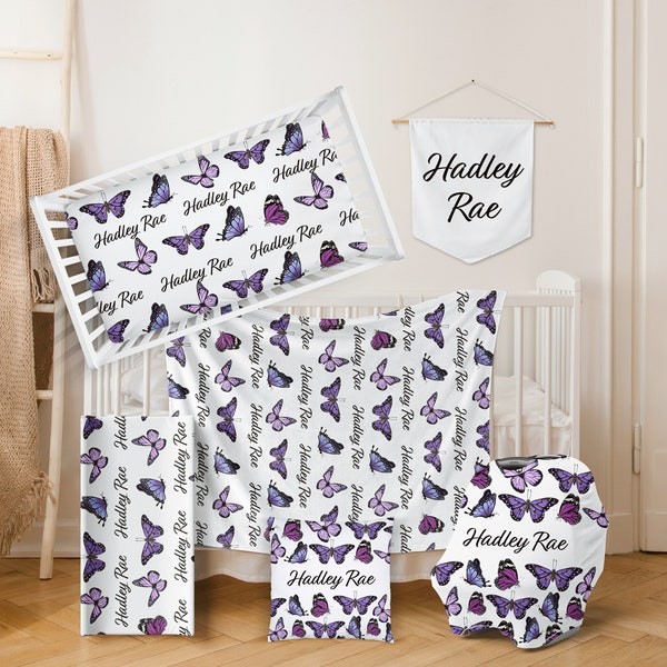 Purple BUTTERFLY Crib Sheet Nursery Crib Bedding Set Personalized Baby Shower Gift Girl Blanket Changing Pad Cover Car Seat Cover Bedding