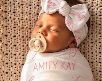 Personalized Baby Shower Gift Swaddle - Baby Girl Gown & Knotted Hat Newborn Hospital Photo Boy or Girl Coming Home Outfit Name Announcement