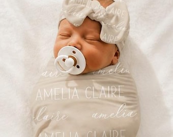 SALE! BABY NAME Swaddle - Baby Boy Swaddle Hat Headband Personalized Newborn Baby Girl Coming Home Outfit Hospital Photo Receiving Blanket