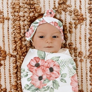 Soft Floral Rose Swaddle Blanket Headband Hat Set Pink Baby Shower Gift Hospital Newborn Photos Prop Baby Girl Take Home Outfit Hospital
