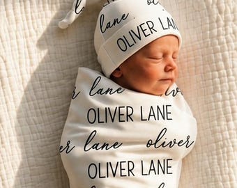 NEUTRAL BABY GIFT -Black and White Gown Knotted Hat Headband Personalized Baby Shower Gift Boy Coming Home Outfit Set Swaddle Hospital Photo