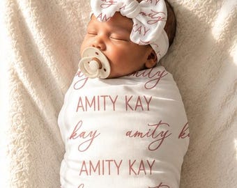 SALE! BABY NAME Blanket - Baby Girl Swaddle Hat Headband Personalized Baby Girl Coming Home Outfit Hospital Photo Custom Baby Shower Gift