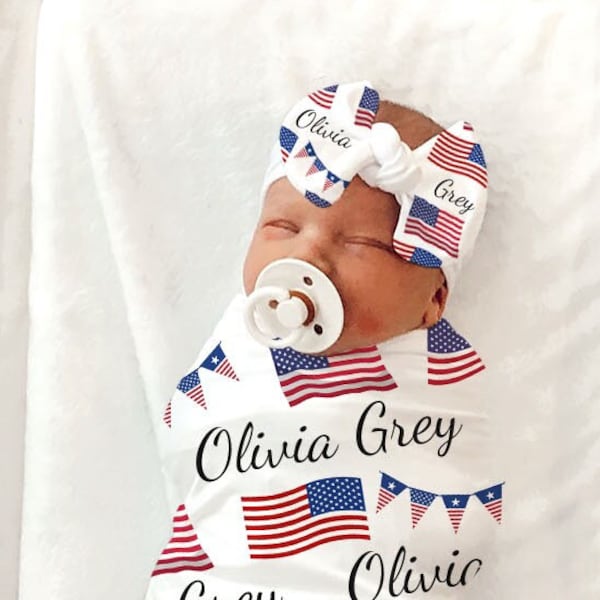 PERSONALIZED American Flag Swaddle Blanket 4th of July Baby Blanket Patriotic Stars Baby Shower Gift USA Baby Girl Coming Home Outfit