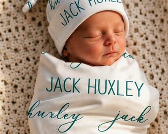 BABY NAME SWADDLE -Baby Gown Knotted Hat Headband Personalized Baby Shower Gift Newborn Baby Boy Coming Home Outfit Set Girl Hospital Photo