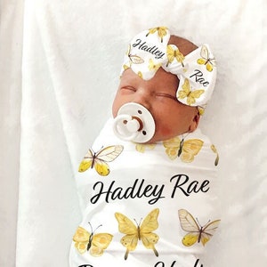 YELLOW BUTTERFLY Baby Blanket PERSONALIZED Swaddle Hat - Butterfly Baby Shower Gift Baby Girl Coming Home Outfit Butterfly Swaddle Blanket