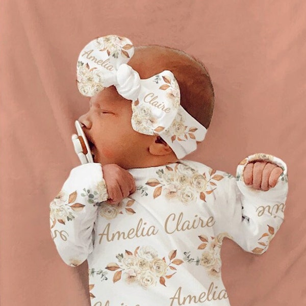 FLORAL BABY GOWN Name Announcement for Baby Name Reveal Personalized Baby Shower Gift Baby Gown For Hospital Going Home Outfit Knotted Hat