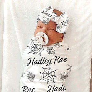 HALLOWEEN Baby Blanket - SPOOKY PERSONALIZED Baby Shower Gift Spider Web Baby Girl Coming Home Outfit Halloween Swaddle Blanket Baby Name