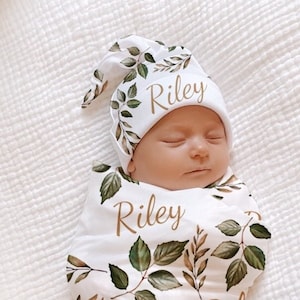 GENDER NEUTRAL Name Swaddle Blanket Green Fall Personalized Baby Boy Girl Coming Home Outfit Baby Newborn Knotted Hat Baby Shower Hospital