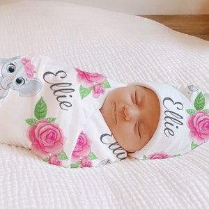 HOT PINK ROSE Elephant Swaddle Blanket Headband Hat Set Personalized Baby Girl Blanket Baby Shower Gift Hospital Newborn Photos Prop