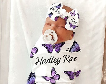 PURPLE Butterfly Baby Blanket PERSONALIZED Swaddle Hat - Butterfly Baby Shower Gift Baby Girl Coming Home Outfit Butterfly Swaddle Blanket