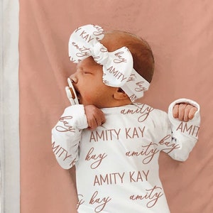 SALE! NAME BABY Gown -Baby Boy Swaddle Knotted Hat Personalized Newborn Baby Girl Coming Home Outfit Hospital Photo Receiving Blanket Boy