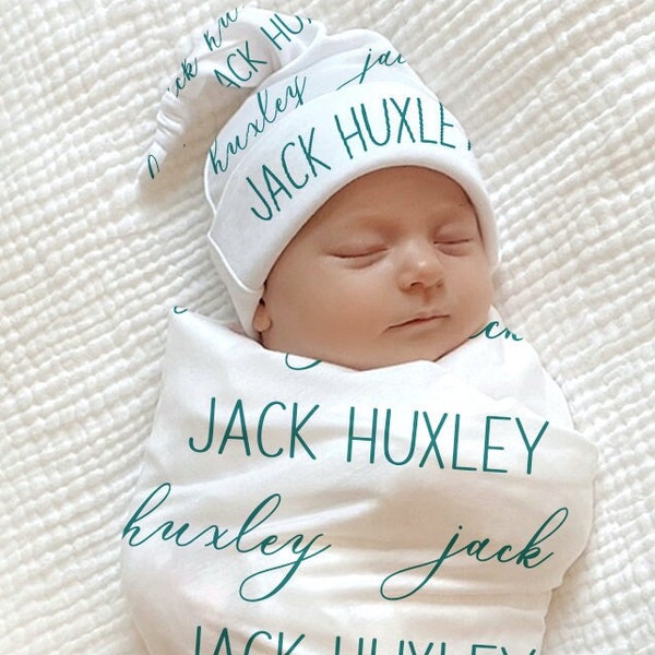 PERSONALIZED BABY Swaddle - Baby Boy Gown & Knotted Hat Newborn Baby Boy Coming Home Outfit Hospital Photo Baby Shower Gift Baby Girl