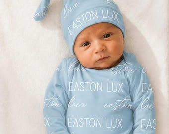 BABY NAME SWADDLE -Baby Boy Gown Knotted Hat Set Personalized Newborn Baby Boy Coming Home Outfit Hospital Photo Receiving Blanket Girl