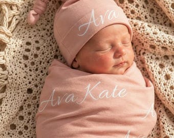 Baby Name Swaddle, Personalized Newborn Wrap Set - Coming Home Outfit, Hat And Receiving Blanket, Hospital Photo Prop Keepsake