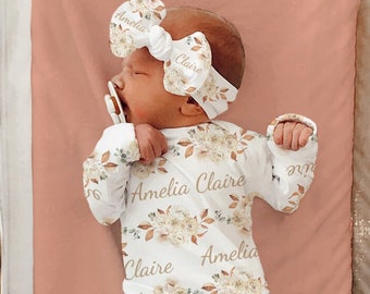 FLORAL BABY GOWN Name Announcement for Baby Name Reveal Personalized Baby Shower Gift Baby Gown For Hospital Going Home Outfit Knotted Hat