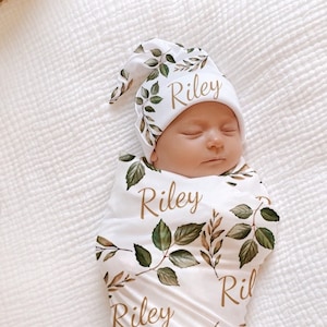 GENDER NEUTRAL Name Swaddle Blanket Green Personalized Baby Boy Coming Home Outfit Baby Newborn Knotted Hat Baby Shower Gift Hospital Photos