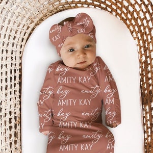 Baby Girl or Boy NAME ANNOUNCEMENT - Boho Personalized Baby Shower Gift Swaddle Newborn Going Home Outfit Hospital Photo Gown Knotted Hat