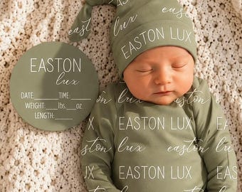 BABY NAME Swaddle Blanket, Baby Gown, Hat, Headband, Birth Stat Sign Set