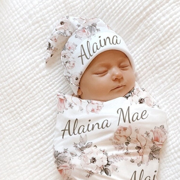 BABY GIRL FLORAL Swaddle Blanket / Newborn Personalized Coming Home Outfit / Pink & Purple Name Baby Blanket Shower Gift Hospital Outfit