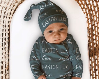 BABY NAME SWADDLE -Baby Boy Gown Knotted Hat Set Personalized Newborn Baby Boy Coming Home Outfit Hospital Photo Receiving Blanket Girl