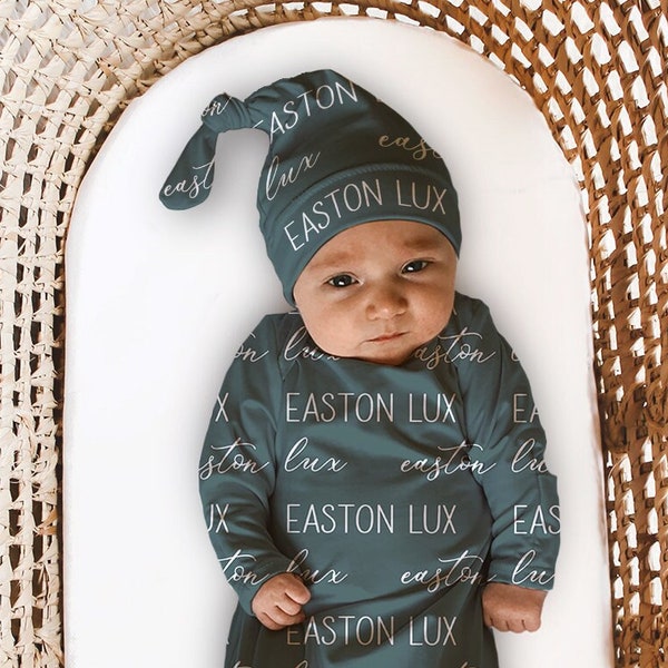 BABY NAME SWADDLE -Baby Boy Gown Knotted Hat Set Personalized Newborn Baby Boy Coming Home Outfit Hospital Photo Receiving Blanket Girl