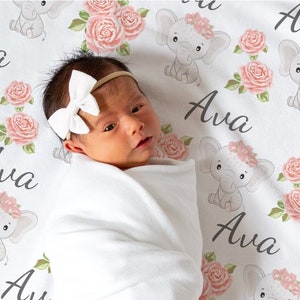 BLUSH FLORAL ELEPHANT Swaddle Blanket Headband Hat Set Personalized Baby Girl Blanket Baby Shower Gift Hospital Newborn Photos Prop