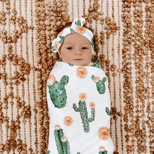 BOHO CACTUS Swaddle Blanket Headband Hat Set Peach Floral Pink Baby Shower Gift Hospital Newborn Photos Prop Baby Girl Coming Home Outfit