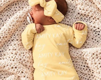 Butter Yellow Personalized Baby Girl Swaddle Set – Going Home Outfit Baby Gown Knotted Hat, Baby Shower Gift Baby Boy Color Options