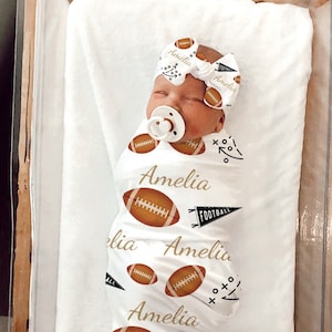 Football Baby Girl Swaddle Blanket, Personalized Shower Gift Sports Baby Girl Coming Home Outfit Hospital Photo Prop Swaddle Hat Set