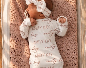 NAME BABY Gown - Name Swaddle Knotted Hat Headband Personalized Baby Shower Gift Coming Home Outfit Hospital Photo for Baby Girl or Baby Boy