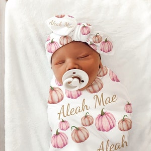 PINK PUMPKIN Baby Girl Outfit Swaddle Baby Name Blanket Baby Girl Coming Home Outfit Name Reveal Fall Baby Shower Gift Pumpkin Baby Gift