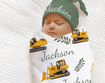 Construction Baby Blanket Swaddle / Dozer Trucks Cranes Bulldozer Excavator PERSONALIZED Baby Shower Gift Baby Boy Coming Home Outfit