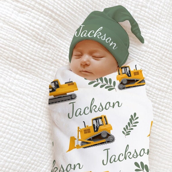 Construction Baby Blanket Swaddle / Dozer Trucks Cranes Bulldozer Excavator PERSONALIZED Baby Shower Gift Baby Boy Coming Home Outfit