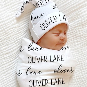 BABY NAME SWADDLE -Baby Gown Knotted Hat Headband Personalized Baby Shower Gift Newborn Baby Boy Coming Home Outfit Set Girl Hospital Photo