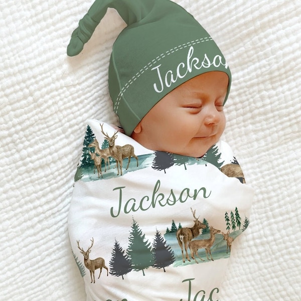 PERSONALIZED Woodland Deer Swaddle Baby Blanket / Hunting Animal Baby Shower Gift Set Newborn Baby Boy Coming Home Outfit Hospital Photo