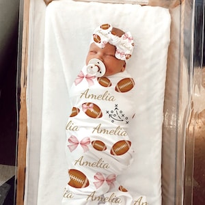 Baby Girl Pink Football Baby Gift, Personalized Baby Shower Gift Sports Coming Home Outfit Hospital Photo Football Swaddle Blanket Headband