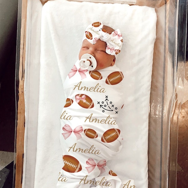 Baby Girl Pink Football Baby Gift, Personalized Baby Shower Gift Sports Coming Home Outfit Hospital Photo Football Swaddle Blanket Headband