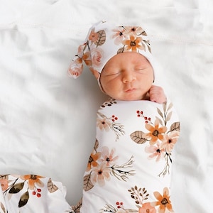 PEACH FLORAL Swaddle Blanket Hat Set Headband Pink Peach Baby Shower Gift Newborn Baby Girl Coming Home Outfit Hospital Receiving Blanket