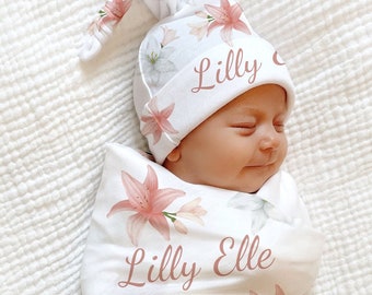 LILLY SWADDLE Baby Name Blanket - Floral Newborn Baby Girl Coming Home Outfit Flower PERSONALIZED Baby Shower Gift Hospital Photo Outfit