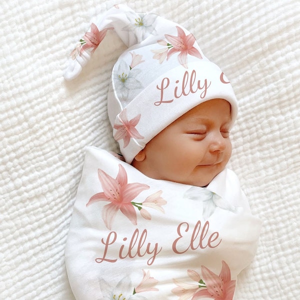 LILLY SWADDLE Baby Name Blanket - Floral Newborn Baby Girl Coming Home Outfit Flower PERSONALIZED Baby Shower Gift Hospital Photo Outfit