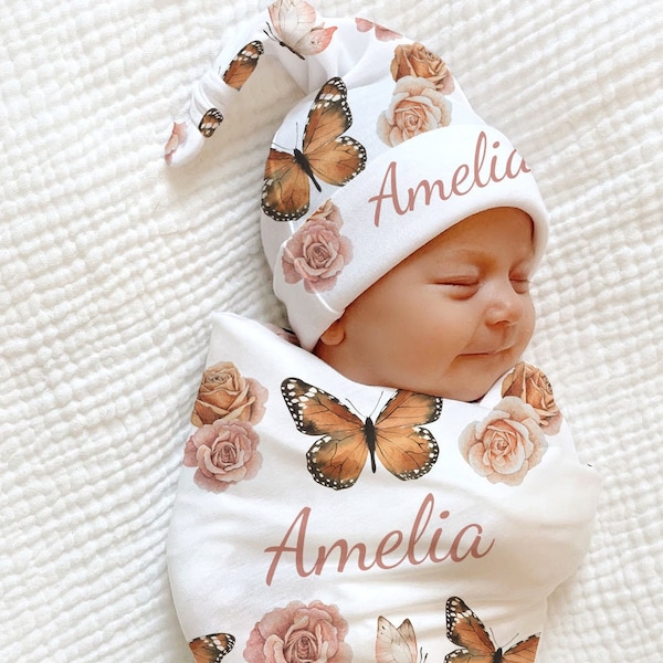 ROSE Pink BUTTERFLY Swaddle Blanket Baby Girl Coming Home Outfit Name Floral Blanket PERSONALIZED Baby Shower Gift Hospital Photo Outfit