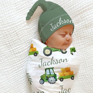 Green Tractor Baby Blanket - Swaddle Hat Trucks Hay Farm PERSONALIZED Baby Shower Gift Baby Boy Coming Home Outfit Custom Baby Blanket