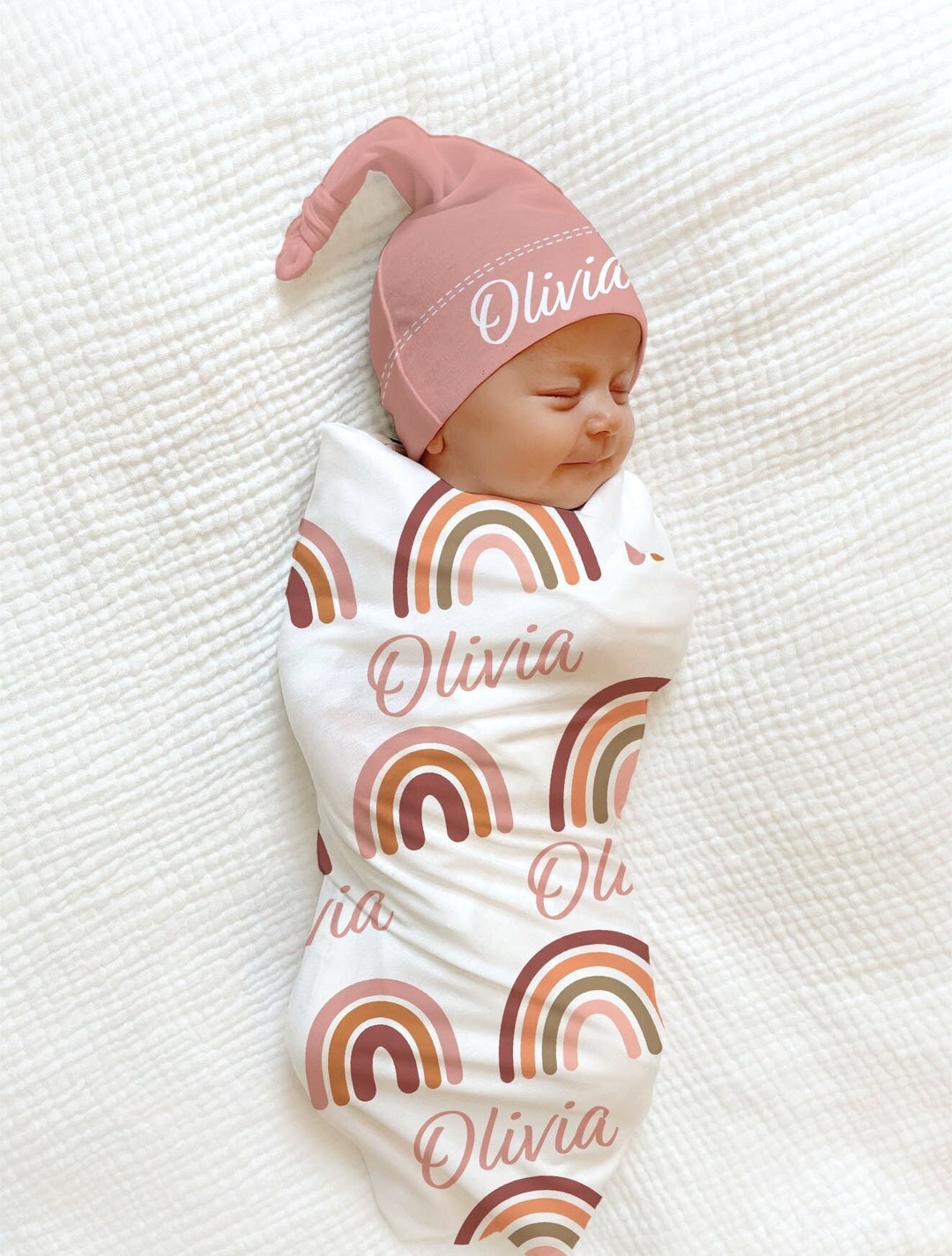 PINK RAINBOW Baby Blanket Swaddle Hat PERSONALIZED Rainbow Baby Shower