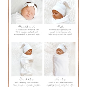 May include: A product display featuring newborn accessories. Includes a white headband, hat, swaddle, and minky blanket. The text describes each item's features, such as stretch and softness, and mentions sizes.