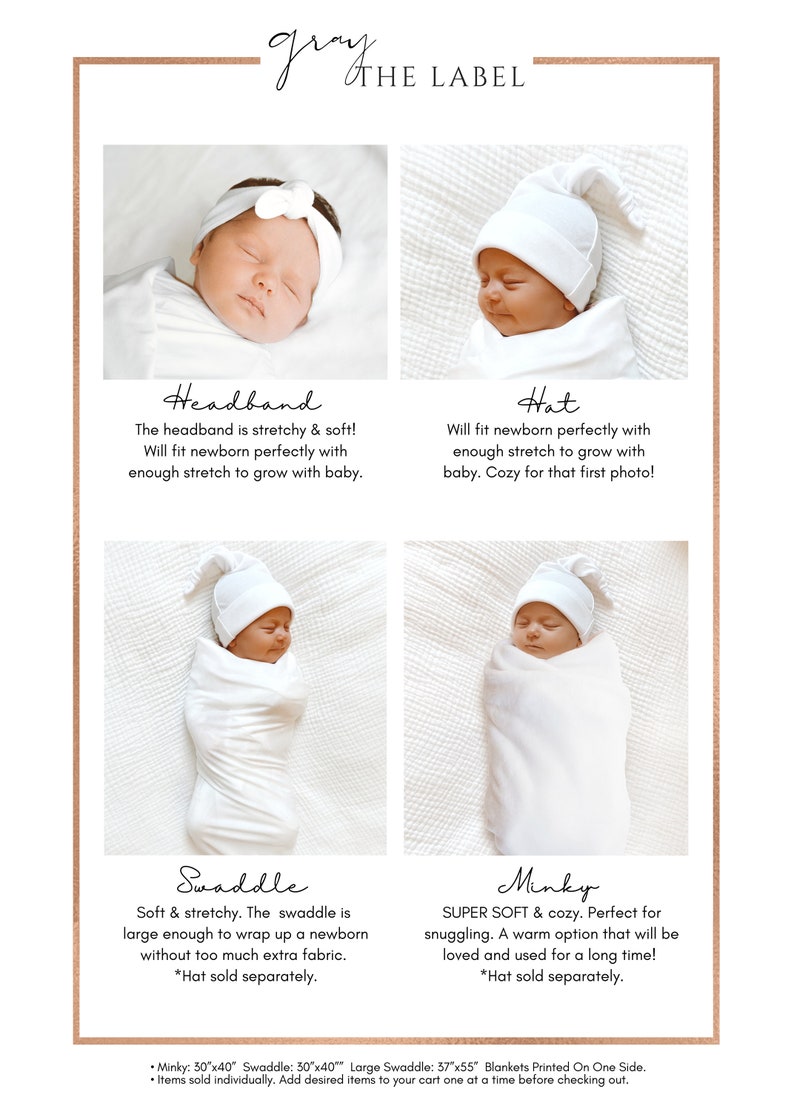 May include: A product display featuring newborn accessories. Includes a white headband, hat, swaddle, and minky blanket. The text describes each item's features, such as stretch and softness, and mentions sizes.