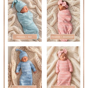 May include: A collection of four baby sets labeled Gray The Label. Two sets feature blue fabric with white text, including a swaddle with a knotted hat and a long-sleeve gown with a knotted hat. Two sets feature pink fabric with white text, including a swaddle with a bow headband and a long-sleeve gown with a bow headband.