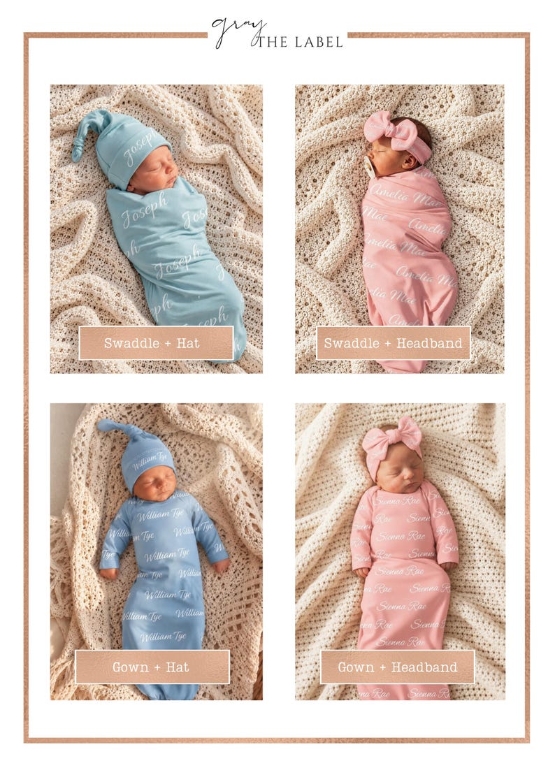 May include: A collection of four baby sets labeled Gray The Label. Two sets feature blue fabric with white text, including a swaddle with a knotted hat and a long-sleeve gown with a knotted hat. Two sets feature pink fabric with white text, including a swaddle with a bow headband and a long-sleeve gown with a bow headband.