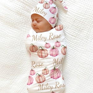 PERSONALIZED PINK Pumpkin Swaddle Baby Name Blanket, Baby Girl Coming ...