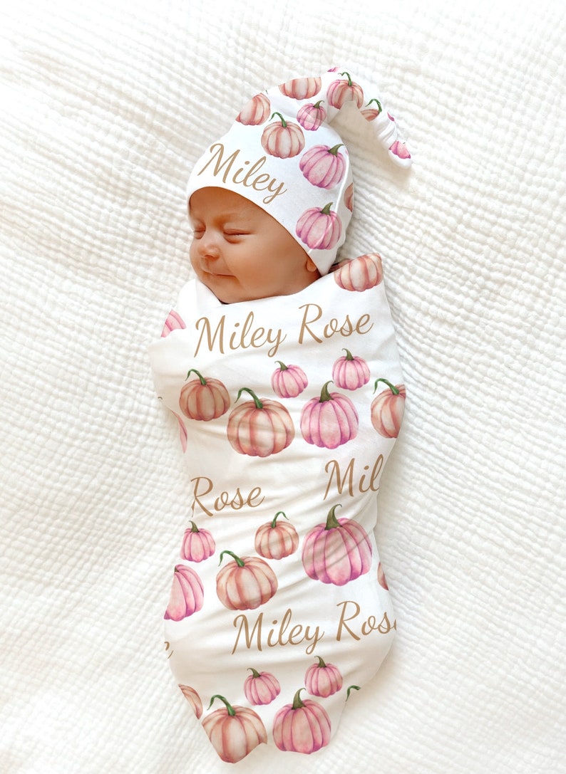 PERSONALIZED PINK Pumpkin Swaddle Baby Name Blanket Baby Girl Etsy