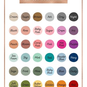 The image is a color selection guide with various shades of brown, grey, green, and other colors displayed in a grid format.